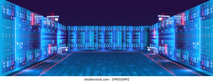 Server Room And Big Data Processing Concept, Digital Information Technology, Neon Blue Gradient. Concept Of Big Data Storage And Cloud Computing Technology. Digital Information Warehouse. Web Hosting