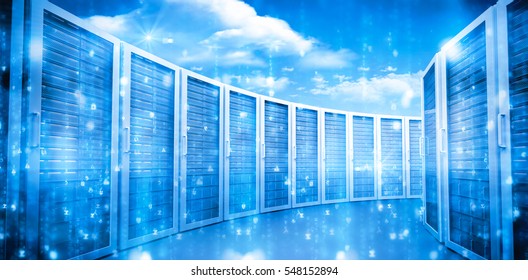 Server room in blue with clouds with copy space