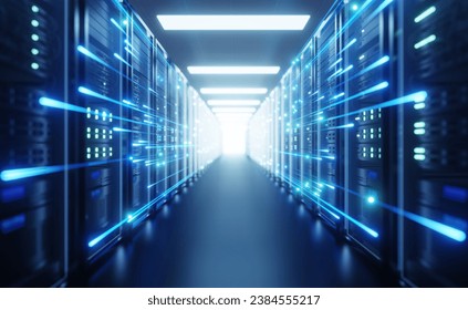 Server room, the camera moves out with a high-speed internet line that has a lot of data running at high speed