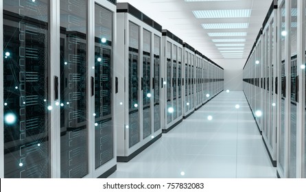 Server room center exchanging cyber datas and connections 3D rendering