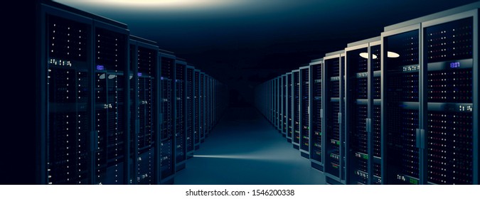 Server Room Data Center. Backup, Mining, Hosting, Mainframe, Farm And Computer Rack With Storage Information. 3d Render