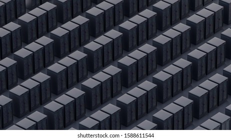 Server room data center. Backup, mining, hosting, mainframe, farm and computer rack with storage information. 3d render