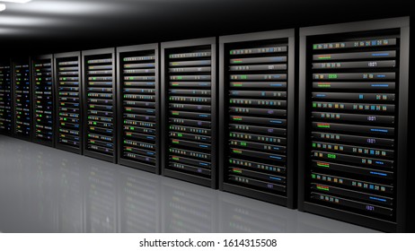 Server room data center. Backup, mining, hosting, mainframe, farm and computer rack with storage information. 3d render