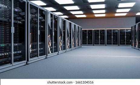 Rechenzentrum im Serverraum Backup, Mining, Hosting, Mainframe, Farm und Computergehäuse mit Speicherinformationen. 3D-Darstellung