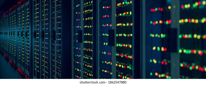 Server room data center. Backup, mining, hosting, mainframe, farm and computer rack with storage information. 3d render
