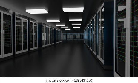 Rechenzentrum im Serverraum Backup, Mining, Hosting, Mainframe, Farm und Computergehäuse mit Speicherinformationen. 3D-Darstellung