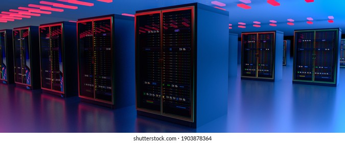 Server Room Data Center. Backup, Mining, Hosting, Mainframe, Farm And Computer Rack With Storage Information. 3d Render