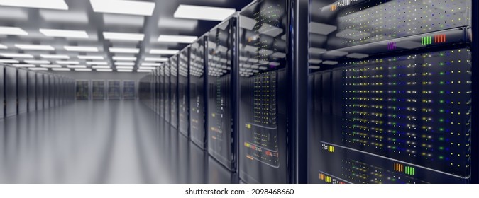 Server. Server room data center. Backup, mining, hosting, mainframe, farm and computer rack with storage information. 3d render