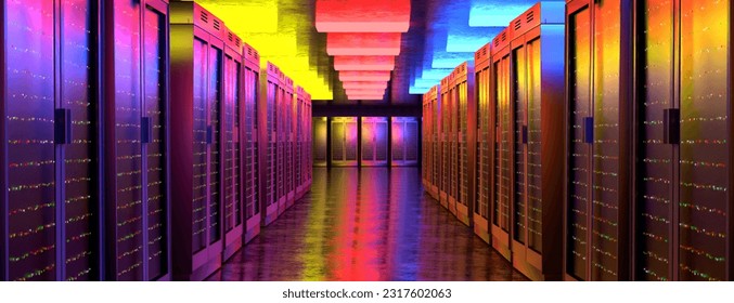 Server room. Server data center. Backup, mining, hosting, mainframe, farm and computer rack with storage information. 3d rendering. 3D Illustration