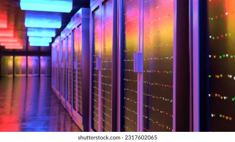 Server room. Server data center. Backup, mining, hosting, mainframe, farm and computer rack with storage information. 3d rendering. 3D Illustration