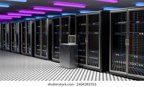 Server room. Server data center. Backup, mining, hosting, mainframe, farm and computer rack with storage information. 3d rendering. 3D Illustration