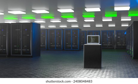 Server room. Server data center. Backup, mining, hosting, mainframe, farm and computer rack with storage information. 3d rendering. 3D Illustration