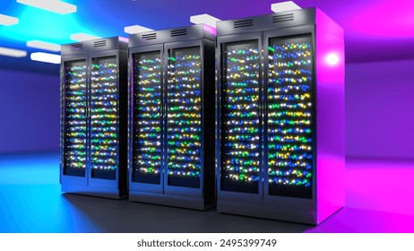 Server room data center. Backup, mining, hosting, mainframe, farm and computer rack with storage information. 3d render. 3D Illustration