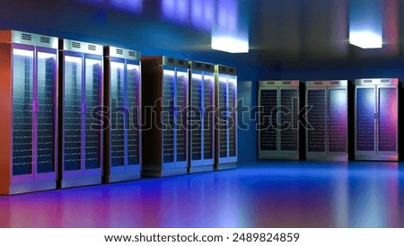 Server room. Server data center. Backup, mining, hosting, mainframe, farm and computer rack with storage information. 3d rendering. 3D Illustration