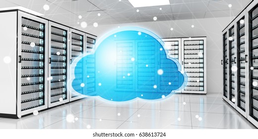 Server Room Data Center With Cloud Blue Icon Floating Inside 3D Rendering