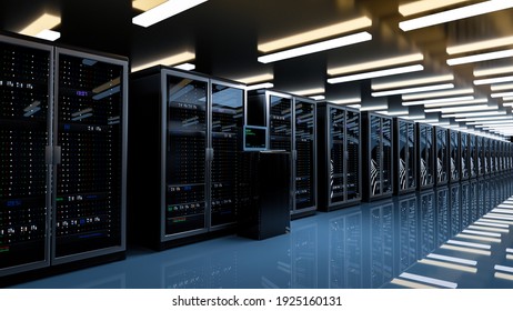 Server Room Data Center. Rackmount LED Console. Backup, Mining, Hosting, Mainframe, Farm And Computer Rack With Storage Information. 3d Render