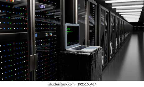 Server Room Data Center. Rackmount LED Console. Backup, Mining, Hosting, Mainframe, Farm And Computer Rack With Storage Information. 3d Render