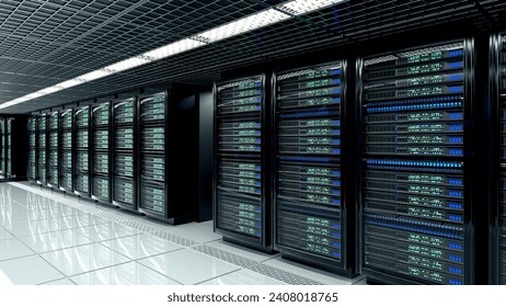 Server room data center with row of server racks. 3d illustration