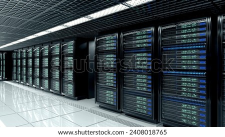 Server room data center with row of server racks. 3d illustration