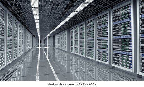 Server room data center with rows of server racks. 3d illustration