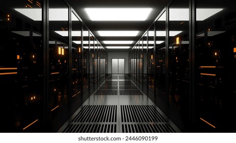 Server Room of data center with data storage servers, ISP, render farms behind glass panels with yellow twinkling lights. Technology futuristic modern footage with copy space. 3D Illustration