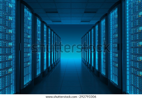 Server room in\
datacenter. Hosting\
services.