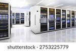 Server room filled with advanced technology featuring rows of server racks and glowing digital lights representing modern data processing