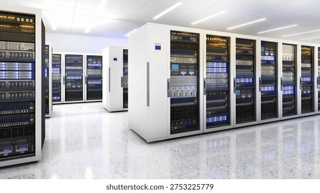 Sala de servidores llena de tecnología avanzada con filas de racks de servidores y luces digitales brillantes que representan el procesamiento de datos moderno
