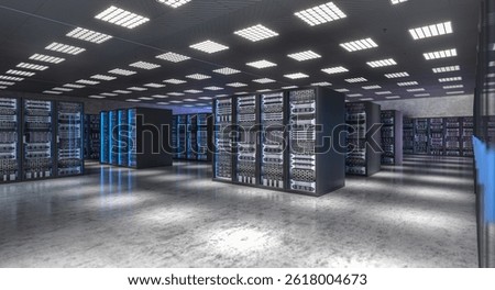 Server room hosting many servers operating in data center 3d