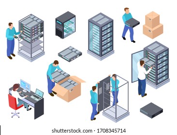 Server Room Isometric. Information Technology Server Engineer, Telecommunication Cloud Servers, Computers And Employees 3d Set