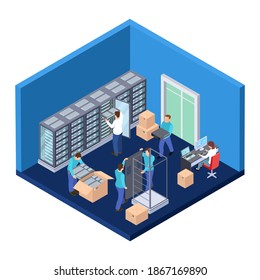 Server room isometric. Information technology server engineer 3D illustration