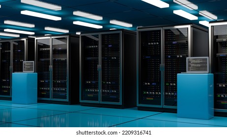 Server room. Server racks in server room cloud data center. Datacenter hardware cluster. Backup, hosting, mainframe, mining, farm and computer rack with storage information. 3d illustration - Powered by Shutterstock - Get 15% off with code: PIKWIZARD15
