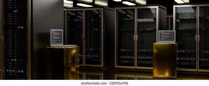 Server room. Server racks in server room cloud data center. Datacenter hardware cluster. Backup, hosting, mainframe, mining, farm and computer rack with storage information. 3d illustration