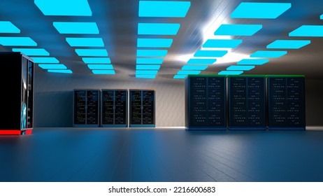 Server room. Server racks in server room cloud data center. Datacenter hardware cluster. Backup, hosting, mainframe, mining, farm and computer rack with storage information. 3d illustration