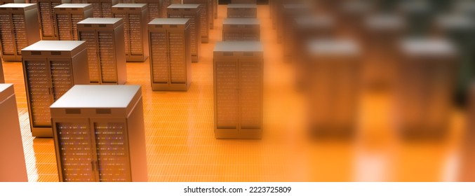 Server room. Server racks in server room cloud data center. Datacenter hardware cluster. Backup, hosting, mainframe, mining, farm and computer rack with storage information. 3d illustration