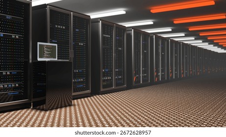 Server. Room servers data center. Backup, mining, hosting, mainframe, farm and computer rack with storage information. Server room data center. 3d render. 3D Illustration