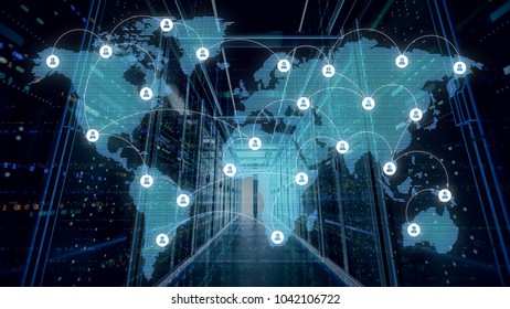 Server room which connected to the global cloud data,3d rendering. 