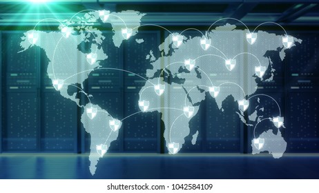 Server room which connected to the global cloud data,3d rendering. 