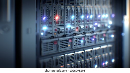 Server, Nahaufnahme. Modernes Rechenzentrum.Cloud-Computing. Blade-Server und Speicher. 3D-Rendering