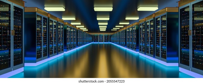 Servers Racks In Server Room Cloud Data Center. Datacenter Hardware Cluster. Backup, Hosting, Mainframe, Mining, Farm And Computer Rack With Storage Information. 3D Rendering. 3D Illustration