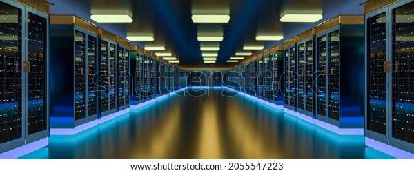 Servers racks in server room cloud data\
center. Datacenter hardware cluster. Backup, hosting, mainframe,\
mining, farm and computer rack with storage information. 3D\
rendering. 3D\
illustration