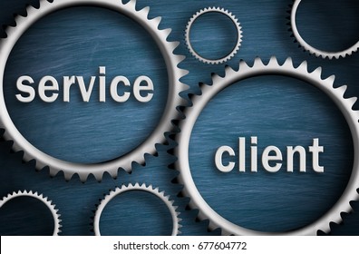 Service And Client - Business Cogwheel Concept On Blue Background