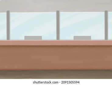 Service Counter, A Digital Painting Of One Stop Service Desk For Bank,  Sell Tickets Or Pay Bills Raster 3D Illustration Anime Background.