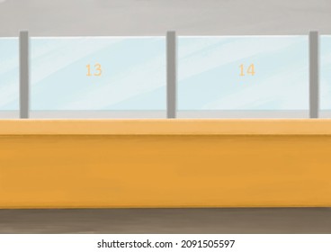 Service Counter, A Digital Painting Of One Stop Service Desk For Bank,  Sell Tickets Or Pay Bills Raster 3D Illustration Anime Background.