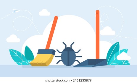 Service and debugging concept. Broom cleaning from bugs and viruses. Bug, broom, scoop, remove, delete, destroy, programming, testing, PC. Data protection, information security. Flat illustration - Powered by Shutterstock