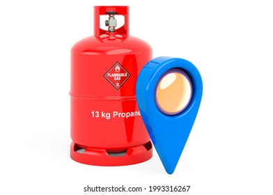 Service Of Filling Gas Cylinders. Map Pointer With Gas Cylinder, 3D Rendering Isolated On White Background