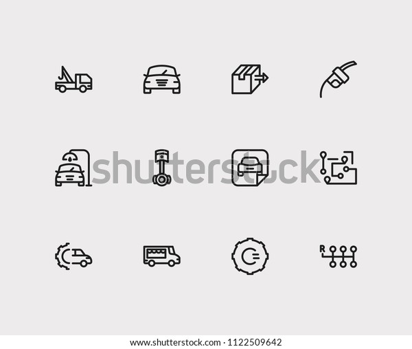 Service icons set. Food truck and service icons\
with gear logo, fuel pump and car service. Set of pipe for web app\
logo UI design.