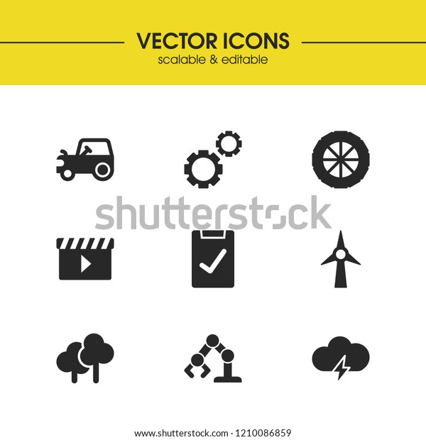 Service icons set with wood, ecology and tire\
elements. Set of service icons and storm concept. Editable \
elements for logo app UI\
design.