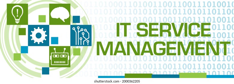 IT Service Management concept image with text and related symbols.