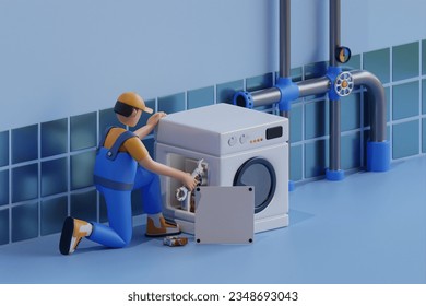 A service professional will come to the customer's house to repair the washing machine. A repairman is in the bathroom repairing the washing machine. 3D rendering - Powered by Shutterstock